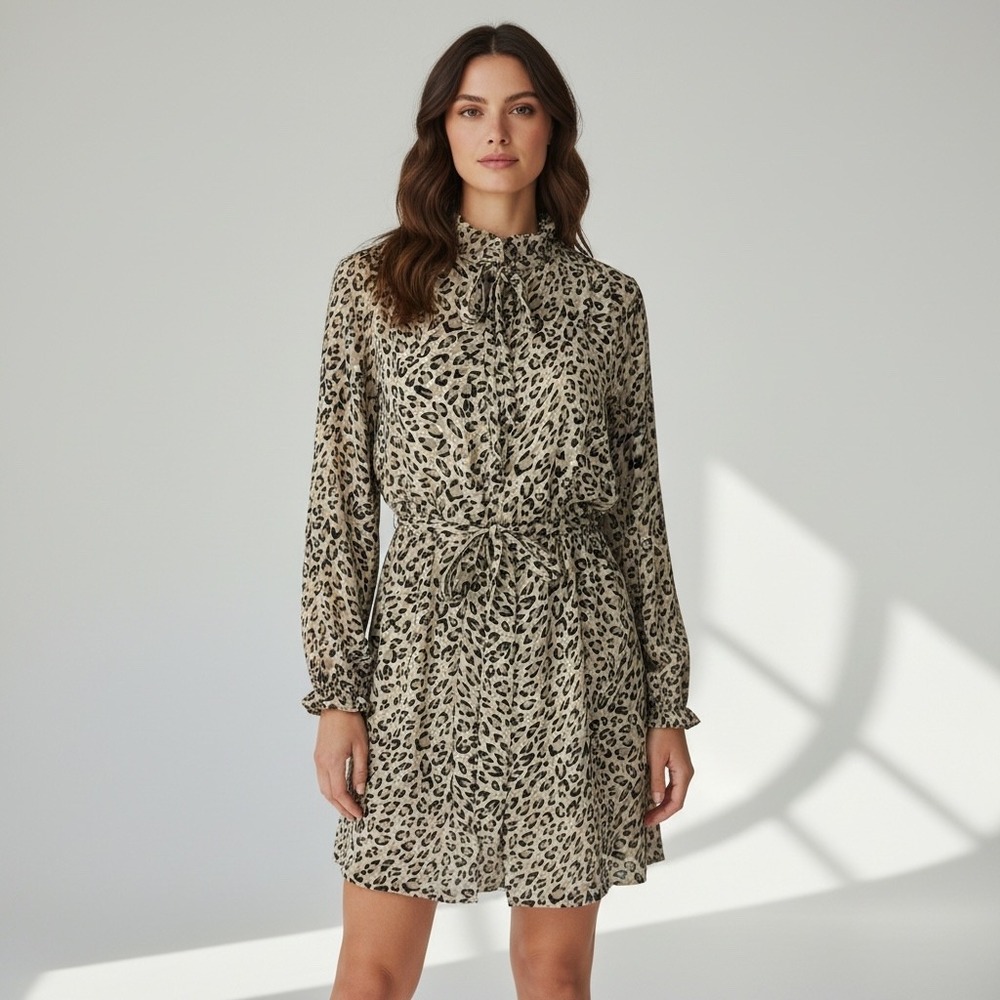 LOFT Leopard Print Ruffle Neck Tie Waist Long‎ Sleeve Mini Dress Brown Tan 12